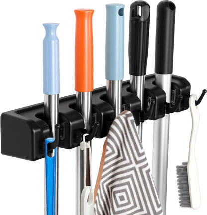 InPoTo Wall Mount Broom Holder 5 Slots 6 Hooks Mop Organizer Rack | Heavy Duty Construction -35 LBS Capacity, 5 Spring-loaded Ball Slots With Anti-Skid Rubber,Easy Installation ,Space Saving