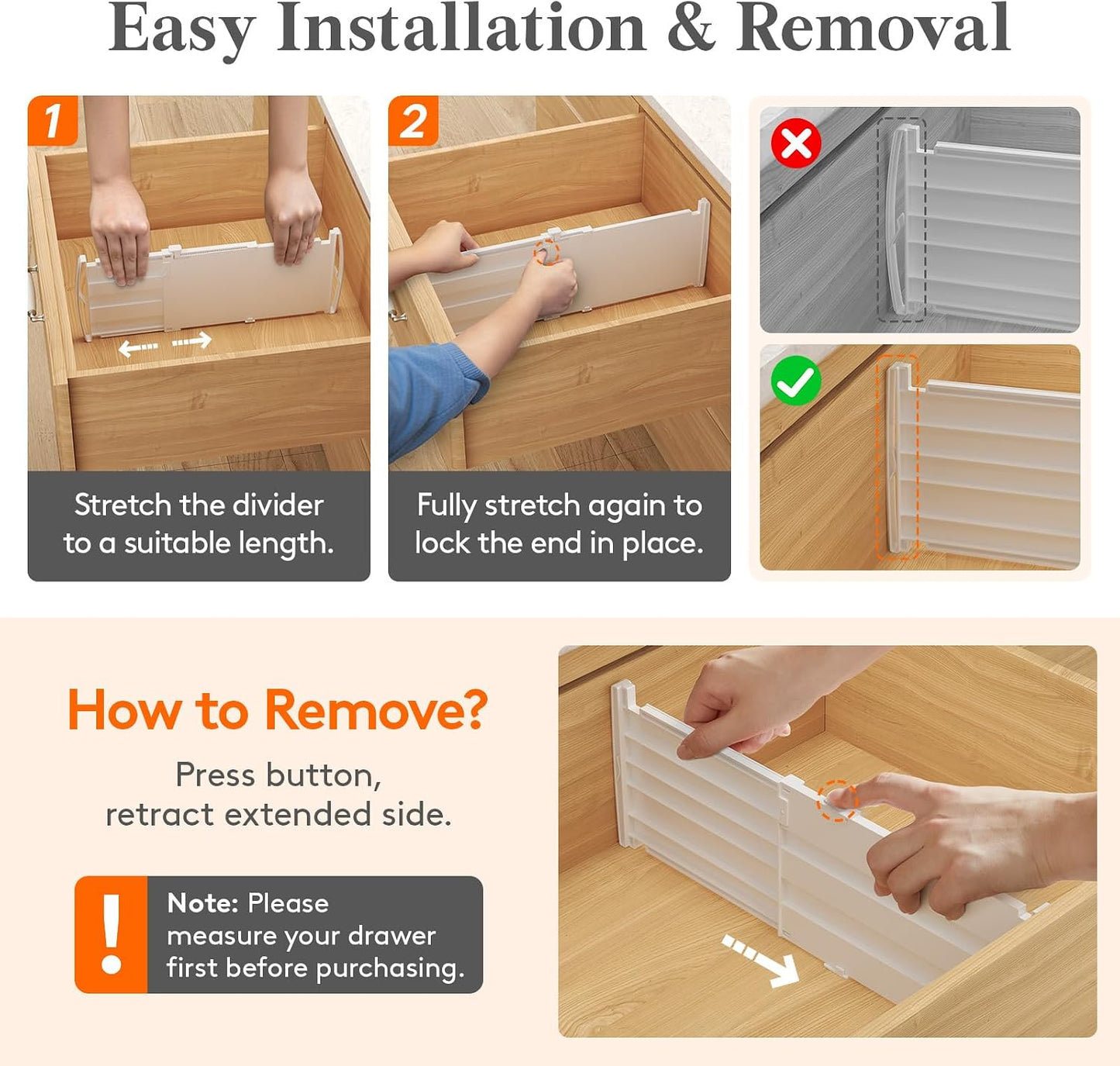 Lifewit 8" Tall Drawer Dividers, Adjustable Deep Drawer Organizer Clothes | 4 Pack 13.8"-22.2" Expandable White Plastic Separators for Dresser, Kitchen, Cabinet, Closet, Office Organization & Storage