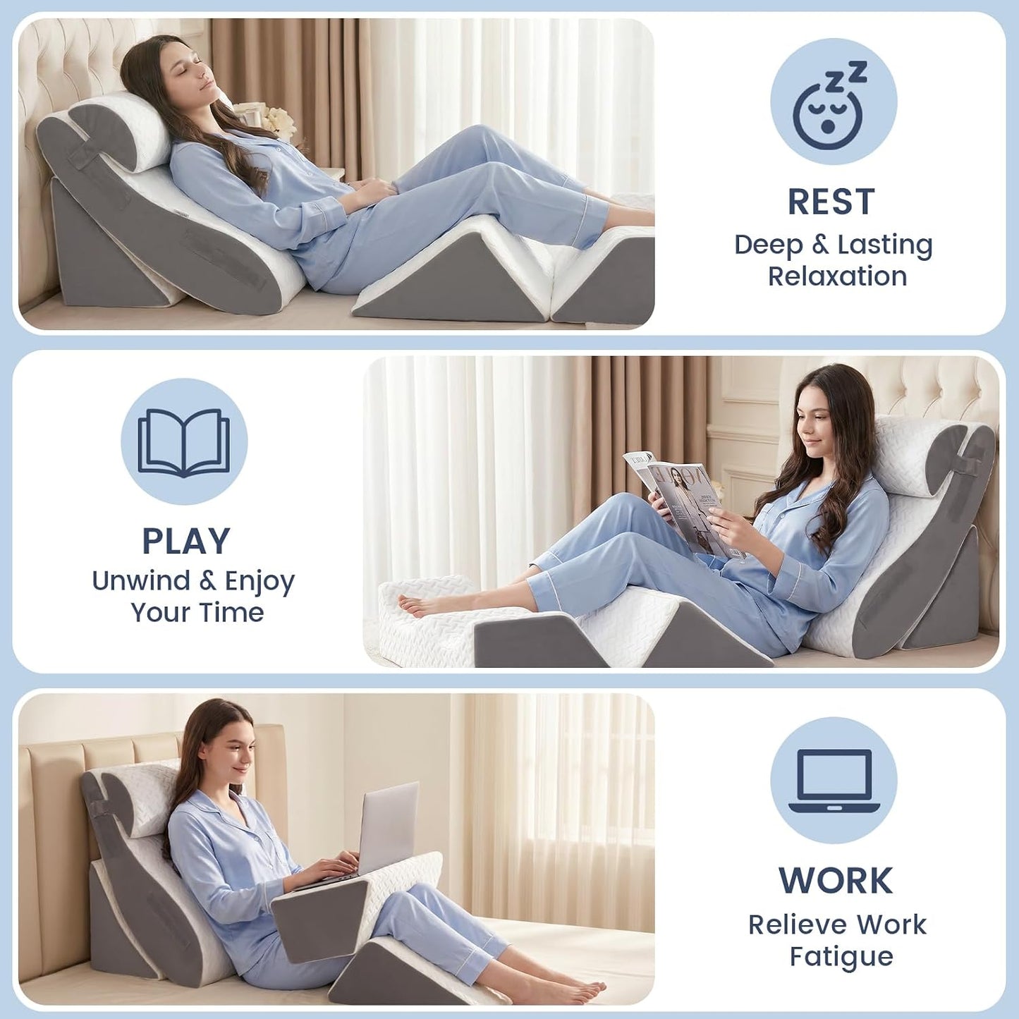 5PCS Wedge Pillow Set for After Surgery, Adjustable Orthopedic Foam Bed Wedge Pillow for Acid Reflux, GERD & Heartburn Relief, Back & Leg Elevation Support for Sleeping & Sitting Up, White Grey