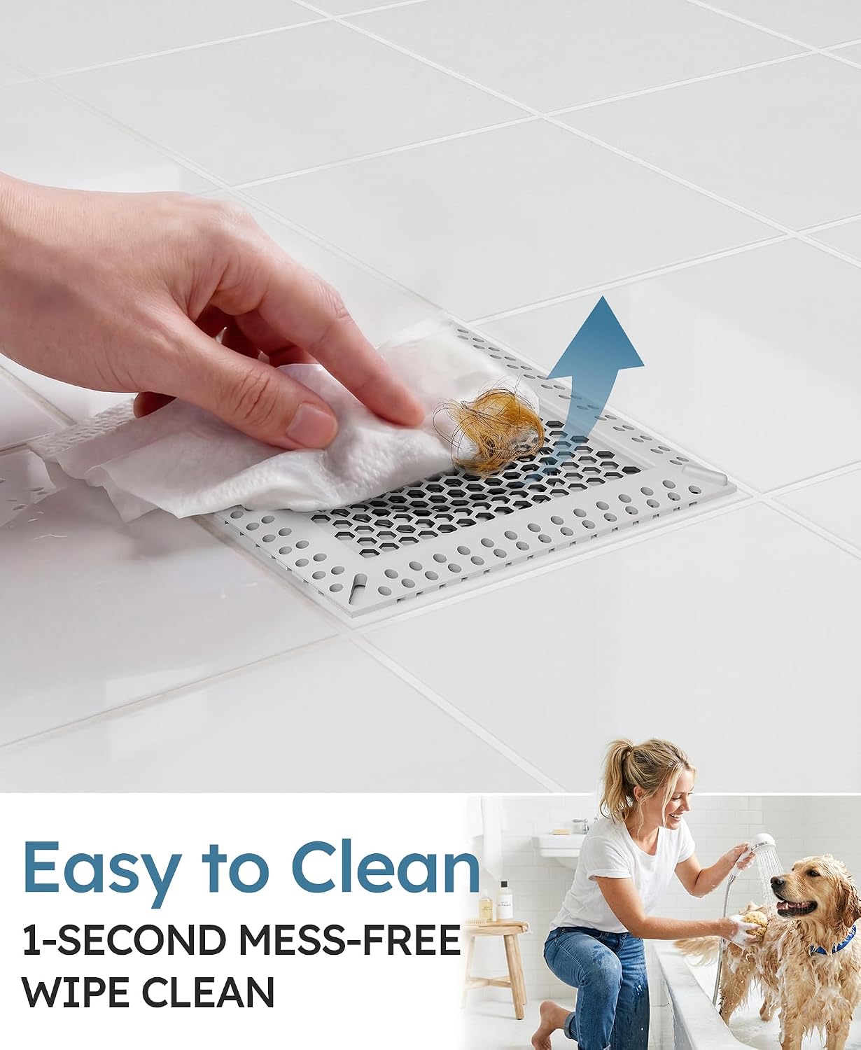 Square Shower Drain Hair Catcher, Anti-Clogging, Gray, 4 inch | Fast Drainage, Anti-Slip & Stays in Place, Stainless Steel & TPE Material, Easy Clean Fits Bathroom Hair Catcher for Shower