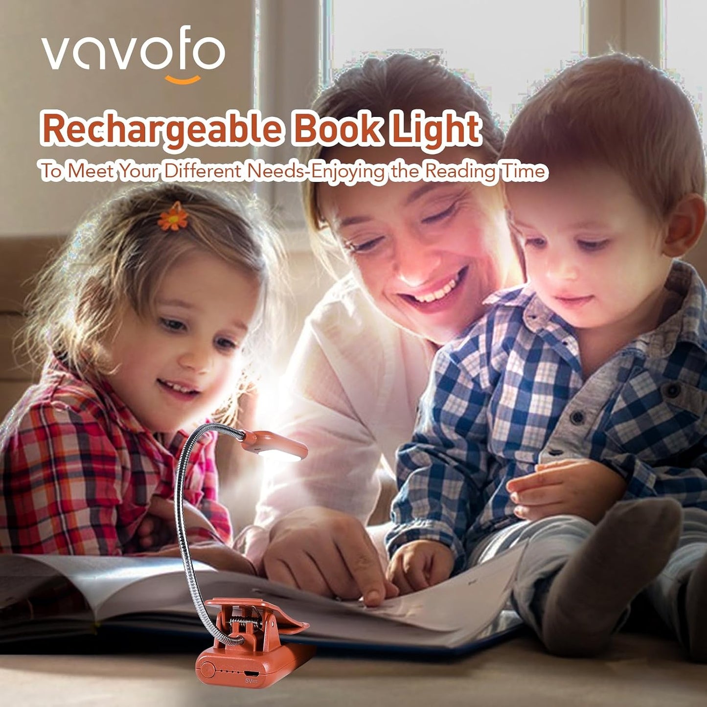 VAVOFO Rechargeable Book Light for Reading in Bed Kids, 7 LED Reading Light with 9-Level Warm Cool White Daylight, Eye Care Lamp with Power Indicator for Bookworms (Yellow)