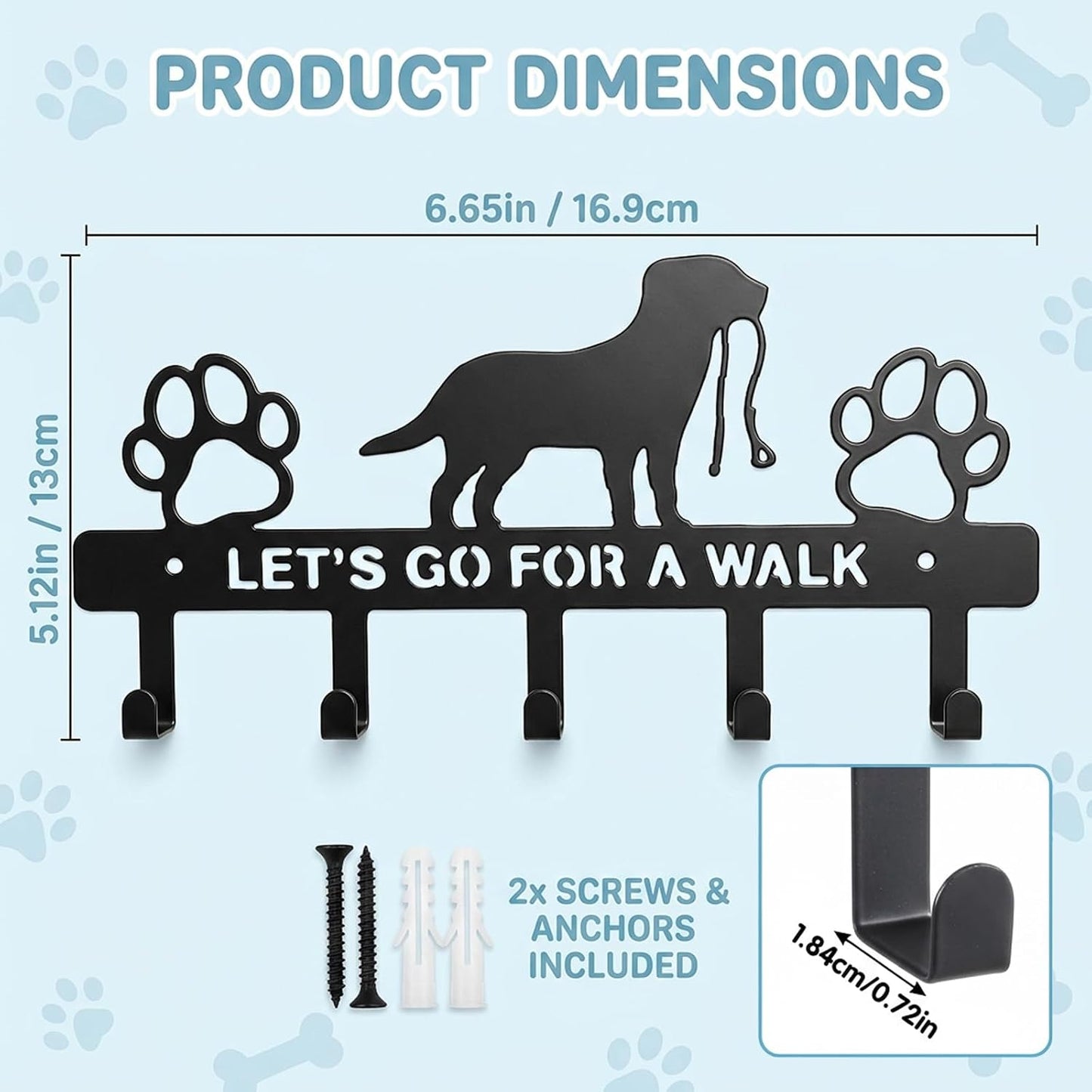 Dog Leash Holder for Wall, 5 Metal Hooks Key Mount | Screw Mounted Rack, Holds Leashes Keys Collars, for Entryway Garage Mudroom