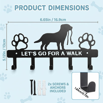 Dog Leash Holder for Wall, 5 Metal Hooks Key Mount | Screw Mounted Rack, Holds Leashes Keys Collars, for Entryway Garage Mudroom