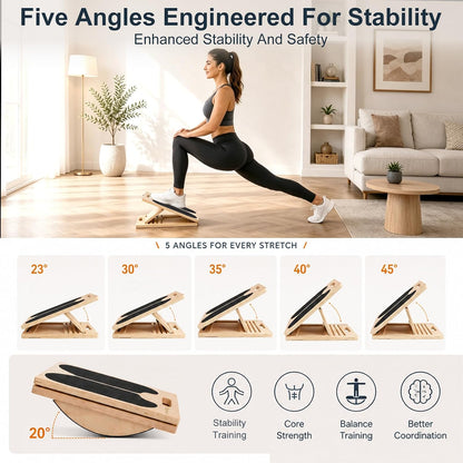 2-in-1 Wooden Slant Board for Calf Stretching & Balance Board | 5-level adjustable calf stretch board for Achilles stretch, ankle mobility, physical therapy, and stability training