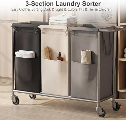 Heybly 3-Section Laundry Sorter Hamper,Rolling Laundry Hamper with Removable Bags – Heavy-Duty Laundry Sorter Cart with Wheels for Dirty Clothes, 40.2 x 15.4 x 33.1 Inches HLH024P03