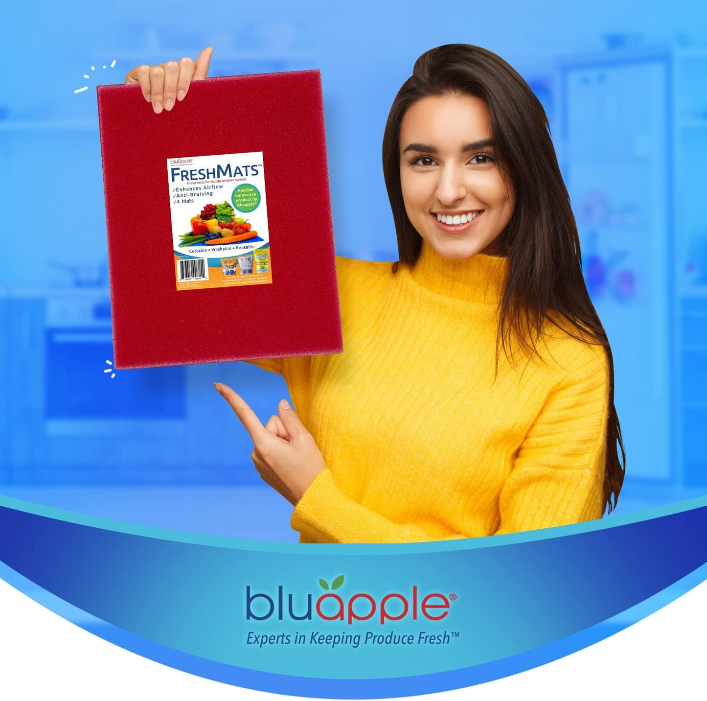 Bluapple FreshMats - Refrigerator Bin Liners, Fridge Drawer Mats - Keeps Produce Fresh Longer, Prevents Bruising, Promotes Air Circulation - BPA-Free Polyurethane Foam - (4-Piece Set, 12"x15", Green)