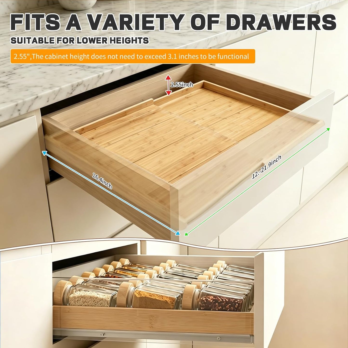 Bamboo Spice Drawer Organizer Expandable(Fits 2.6" Deep or Deeper Drawers), 4-Tier Spice Rack Drawer Insert for Kitchen Cabinets(12" - 22" Width),Adjustable Seasoning Storage Insert(Jars Not Included)