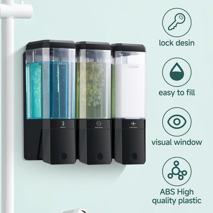 Shampoo and Conditioner Dispenser 3 Chamber No Drill Shampoo Dispenser for Shower Wall Mounted Shower Soap Dispenser 3 * 500ml Refillable Shower Dispenser for Bathroom Hotel(Black 3 Chamber)