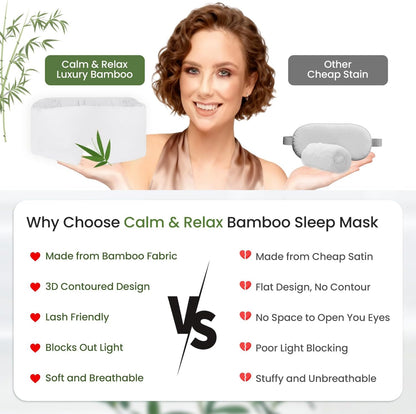 Calm&Relax Bamboo Sleep Mask - Cooling 3D Eye Mask, Lash Friendly,White | Total Blackout 3D Contoured Eye Mask for Travel, Home, Yoga - Adjustable Soft Viscose Night Blindfold for Side Sleepers