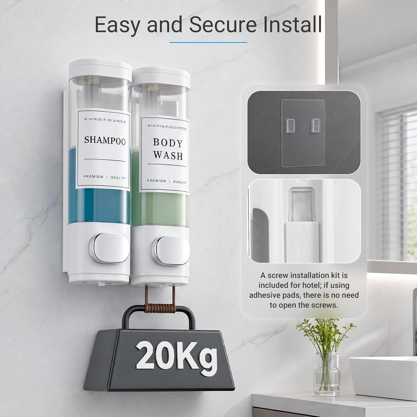 Shampoo and Conditioner Dispenser, Shower Soap Dispenser Wall Mounted, Shampoo Dispenser for Shower Wall No Drill, Bathroom Body Wash Dispenser 2 * 350ml White 2 Chamber