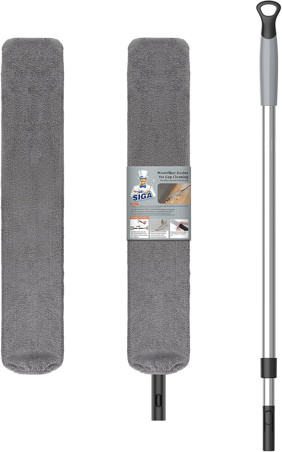 MR.SIGA Microfiber Gap Duster with Stainless Steel Adjustable Handle | Extendable pole, washable microfiber head