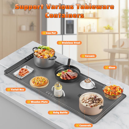 Fast Heating Warming Mat for Food, XL 36"x16", Electric Food Warmer with 6 Level Adjustable Temperature and 6 Hours Timer, Full-Surface Portable Warming Pad Trays for Buffets Party