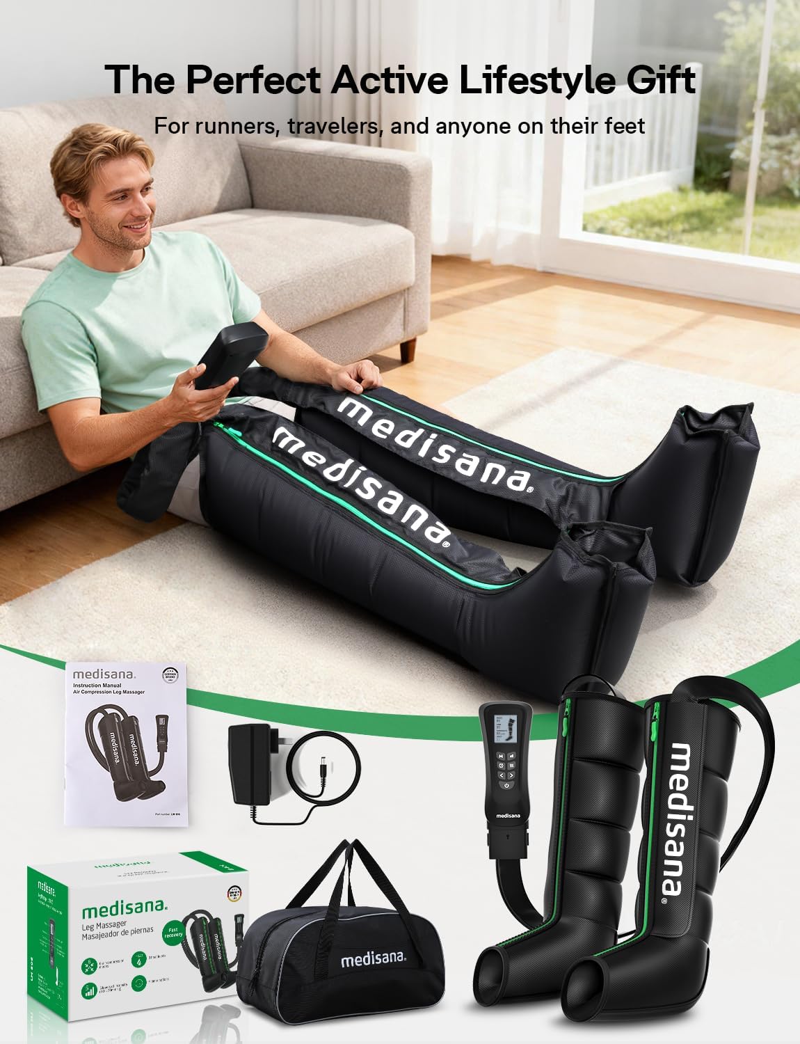 Medisana Leg Compression Massager with Heat, Leg Massager for Circulation and Pain Relief, Compression Boots with 5 Modes & 3 Heat Levels for Edema Relief, Gifts for Mom, Dad, Him, Her