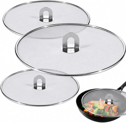 3 Pcs Splatter Guard Stainless Steel Frying Pan Splatter Screen Splash Proof Oil Splatter Cover with Foldable Handle Mesh Oil Proofing Lids for Kitchen Cooking (9.8 inch, 11.4 inch, 13 inch)