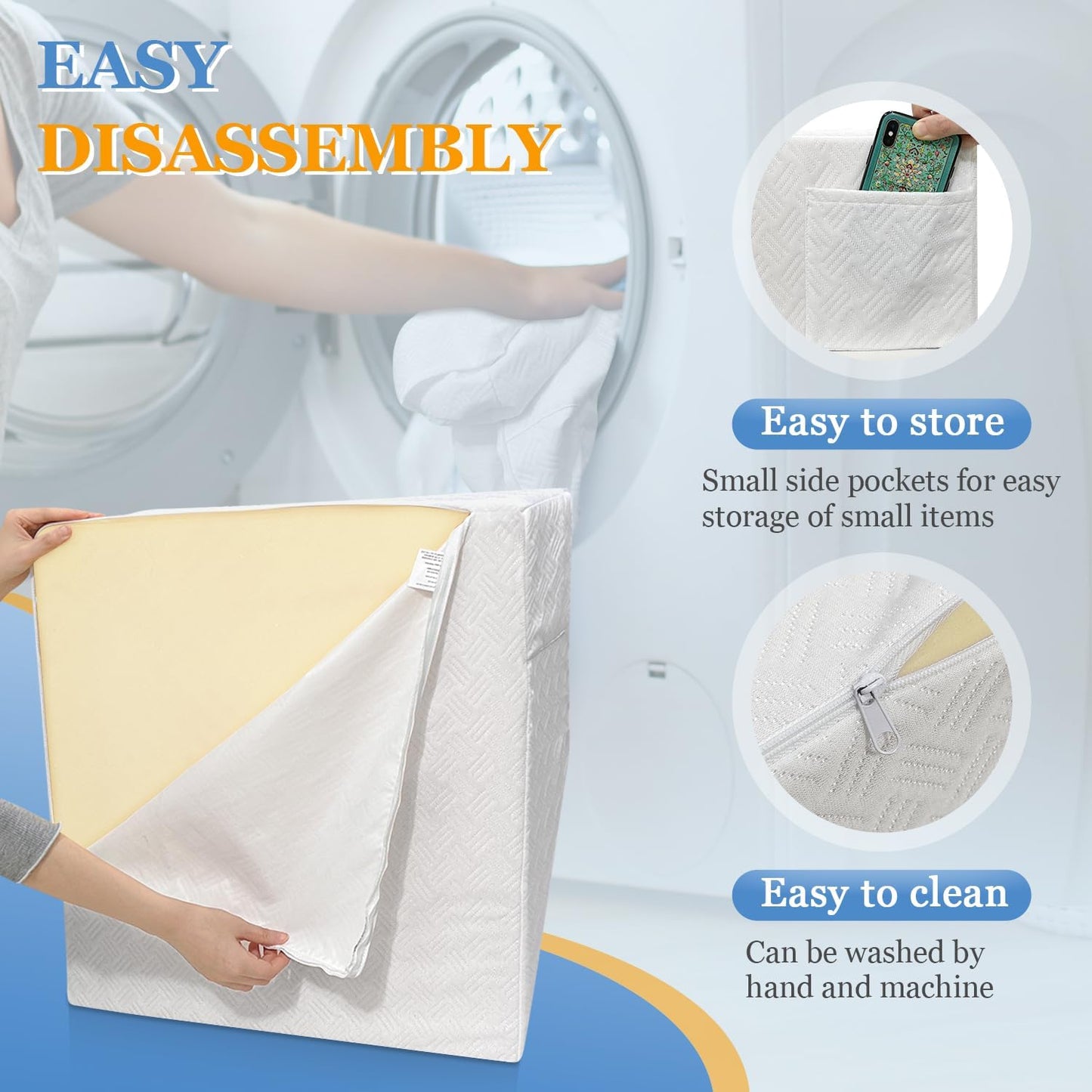 Wedge Pillow Cover case Leg Elevation Pillowcase Knee Post-Surgery Bed Wedge Replacement case with Pocket (Cover Only) - 24x21x8 Pillow Protector