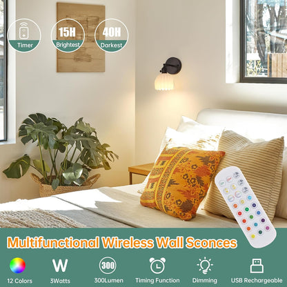 Shenmoyl Vintage Battery Operated Wall Sconce with Green Tulip Glass Lampshade Rechargeable Battery Powered Wall Light with Remote Control for Bedside Bedroom Doorway