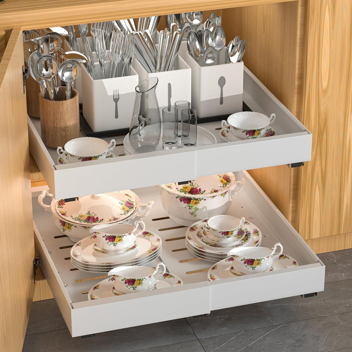 4 Pack Expandable Pull Out Cabinet Organizer | fixed by nano adhesive film,heavy duty sliding drawer,suitable for kitchen,pantry cabinet storage