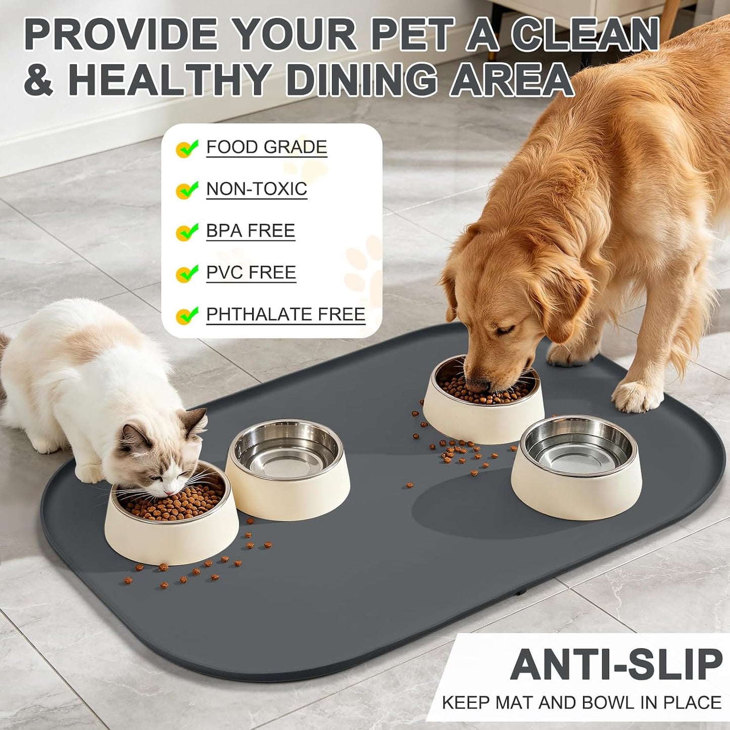 SMILOOL Waterproof Silicone Pet Food Mat with Raised Edge for Dog & Cat | 19" x 12" Non-Slip Pet Feeding Mats with Lip for Food & Water Bowl, Food Grade, Easy Cleaning, Black