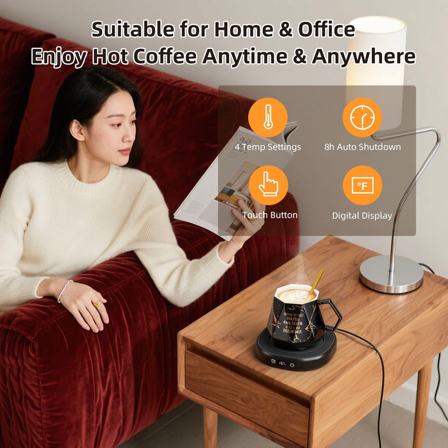 Coffee Mug Warmer Set Smart Heated Electric Tea Coffee Cup Warmer for Desk | Coffee Warmer with Mug Set, Beverage Candle Heater, 4 Temperature Control 8 Hours Auto Shut Off, Coffee Gifts for Men Office