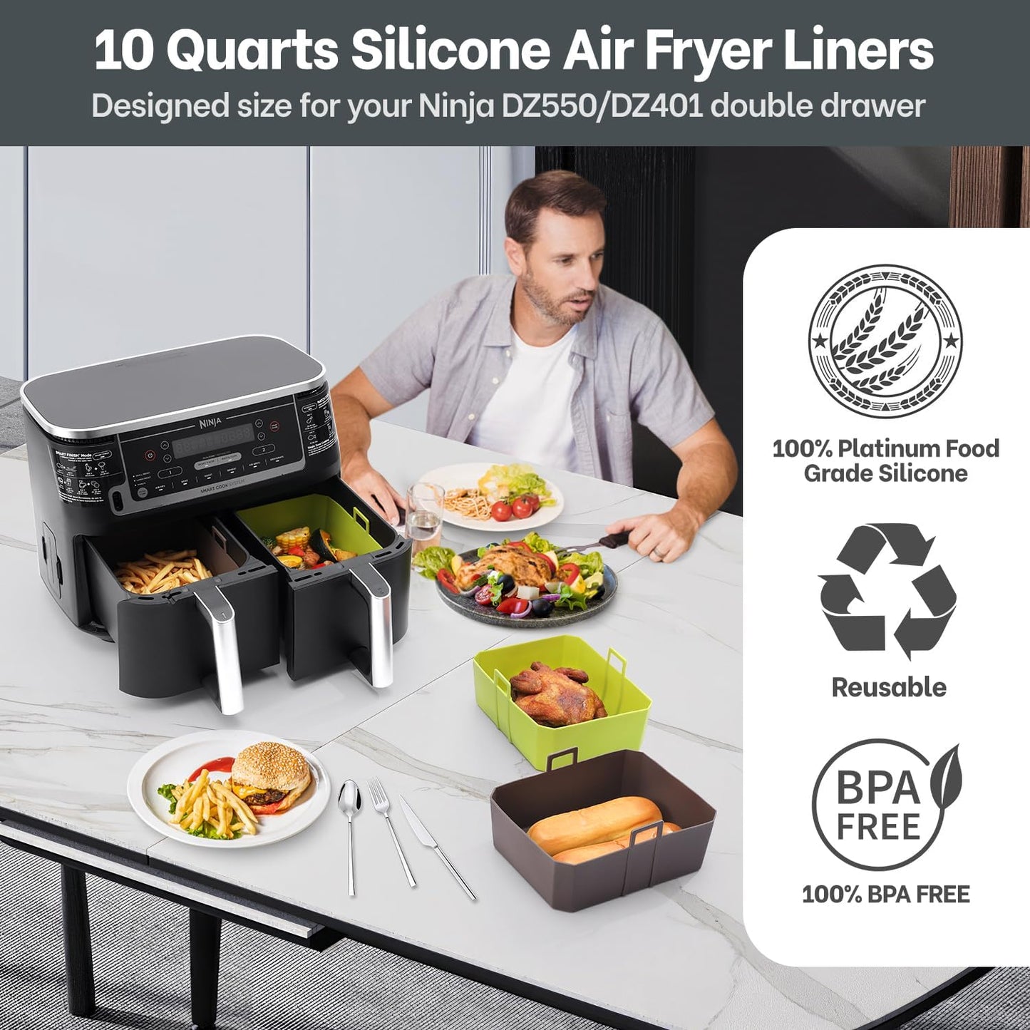Air Fryer Silicone Liners 4QT For Ninja AF101, 2 Pack BPA Free Platinum Air Fryer Basket Liners with Handle, Round Reusable Liner Ninja Fryer Accessories, Upgrade