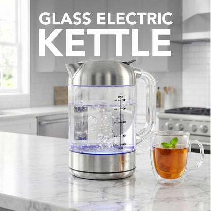OVENTE 1.7L Double Wall Glass Electric Kettle Water Boiler, Silver KG912S | 1500W Fast Boiling, Easy Fill Lid, Borosilicate Glass, Cool-Touch Design, Blue LED, Auto Shut-Off, Boil-Dry Protection