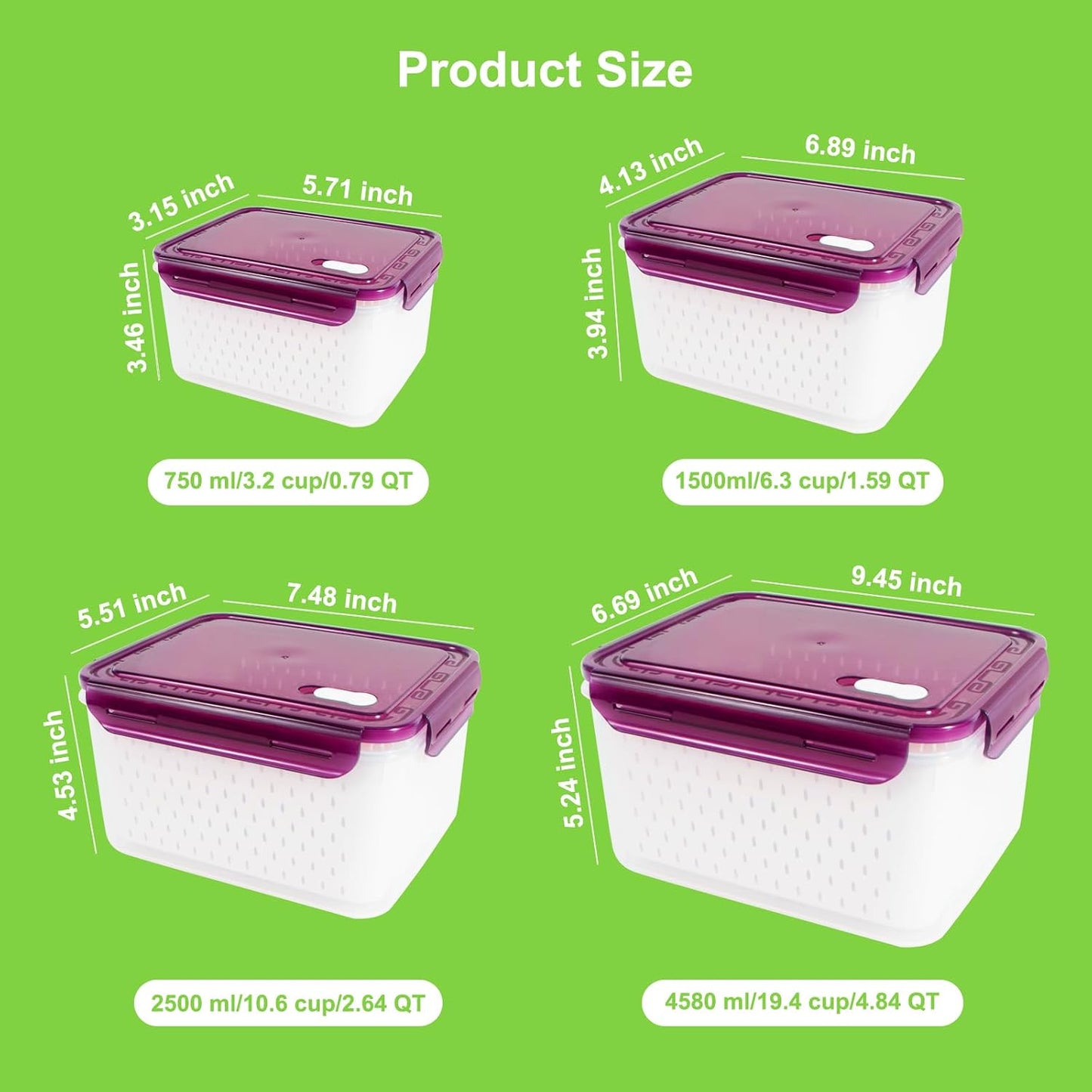 8 Pieces Fruit Storage Containers for Fridge with Lids and Strainer | 4Pack Fruit Containers for Fridge, Fresh Produce Saver Keeper for Vegetable Fruit Salad, BPA Free Organizer for Refrigerator