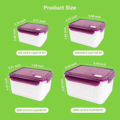 8 Pieces Fruit Storage Containers for Fridge with Lids and Strainer | 4Pack Fruit Containers for Fridge, Fresh Produce Saver Keeper for Vegetable Fruit Salad, BPA Free Organizer for Refrigerator