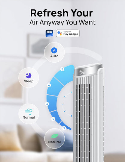 DREO Smart 42'' Tower Fan for Bedroom, 12 Speeds, 20dB Quiet Standing Fan