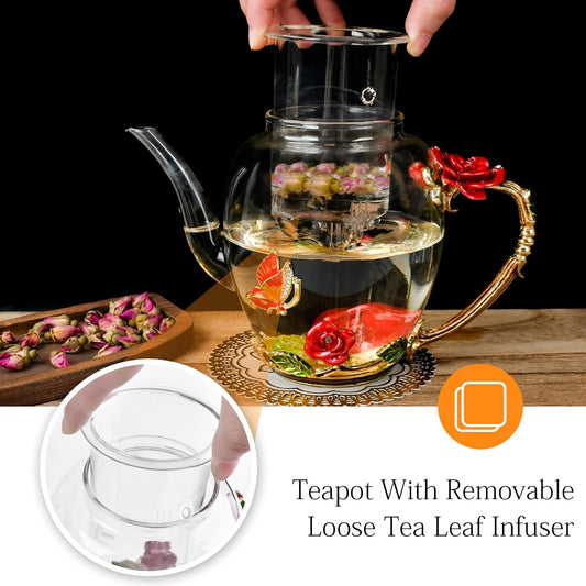 OEAGO Enamel Glass Flower Tea Pot 30.4OZ Birthday Gifts for Women Mom