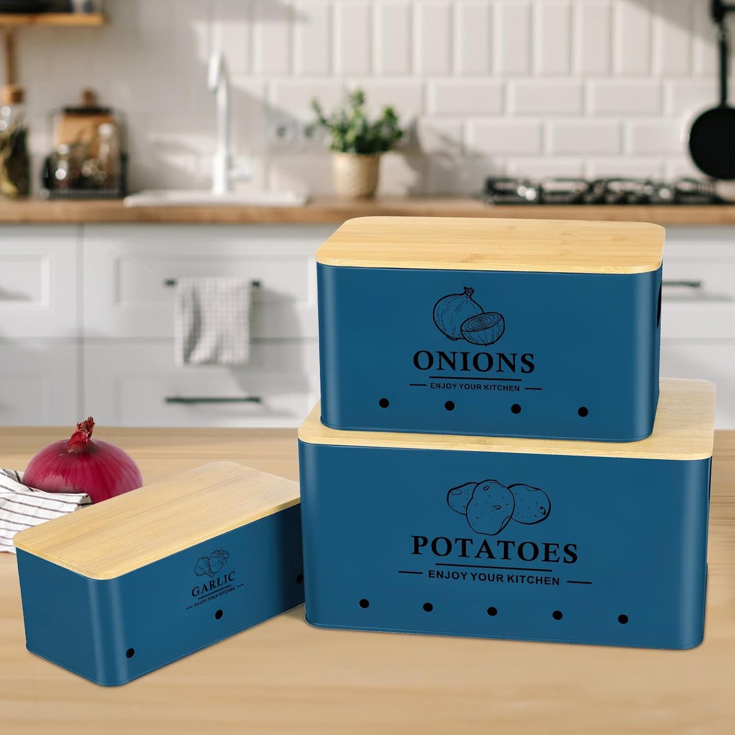 Kitchen Vegetable Storage Set of 3, Metal Onion Garlic Potato Storage Set, Kitchen Canisters Vegetable Keeper Containers with Aerating Holes and Bamboo Lid,Black