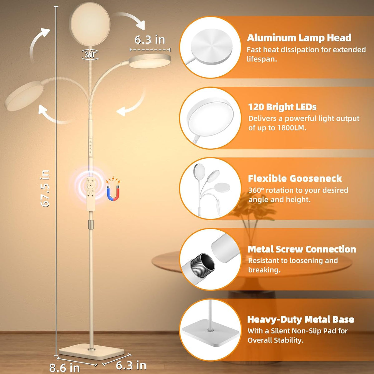 PACOVY Floor Lamp, Adjustable Height Floor Lamps for Living Room Bedroom, 120 LED Super Bright Standing Lamp Remote & Touch Control Dimmable Gooseneck Tall Stand Reading Lamp for Office Craft, Black