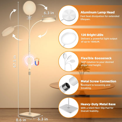 PACOVY Floor Lamp, Adjustable Height Floor Lamps for Living Room Bedroom, 120 LED Super Bright Standing Lamp Remote & Touch Control Dimmable Gooseneck Tall Stand Reading Lamp for Office Craft, Black