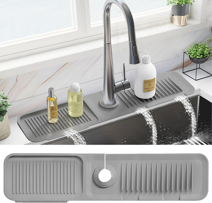 PoYang 23.6 Inch Silicone Sink Splash Guard, Kitchen Sink Mat, Light Grey | Faucet Mat with Wide Drainage & Cuttable Hole, Keeps Faucet Base Dry, Long & Short Sink Protectors for Kitchen, Bathroom & RV