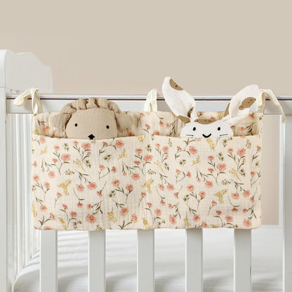 Baby Bedside Hanging Storage Bag Muslin Cotton Teddy Bear, Crib Diaper Caddy Organizer 2 Pockets, Nappy-Dormitory Nursery Organization Holder for Cribs, Playard or Wall Milk Bottle Bib Organizing