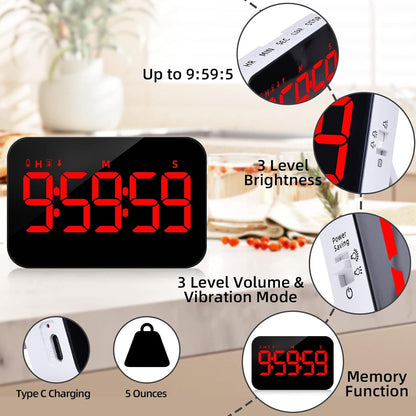 PERSUPER Kitchen Digital Timer, Count Down Up, Rechargeable, Vibration Mode | Adjustable Volume and Brightness LED Display, Time Management Cook, Desk, Kids Adults Study Teaching, Kitchen Gadgets RGB ﻿