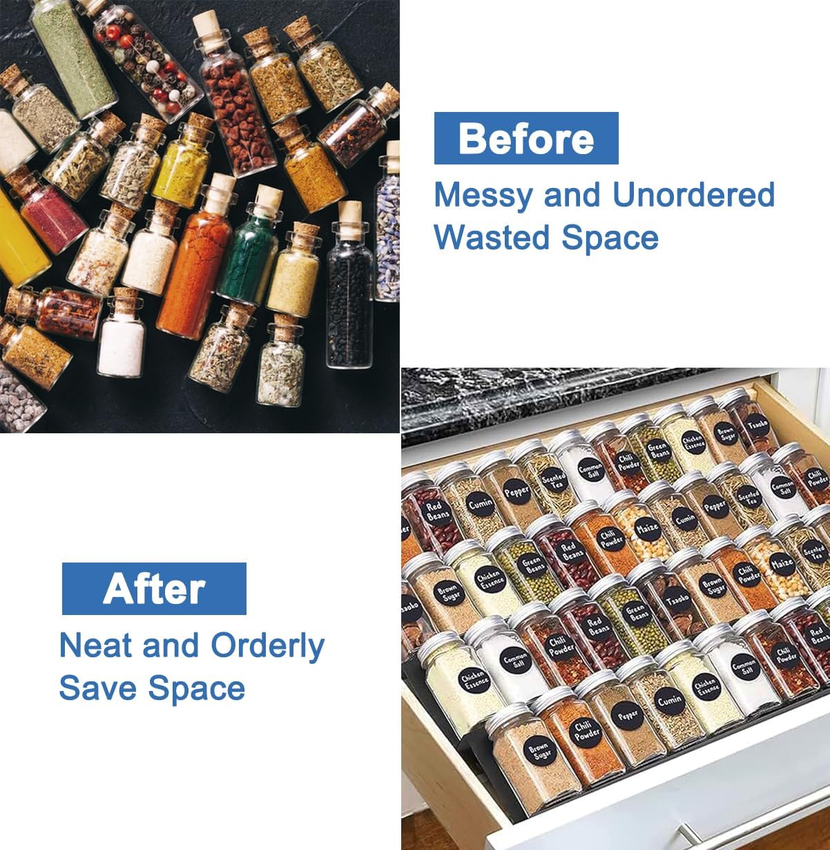 Spice Drawer Rack Organizer Insert for Kitchen Cabinet, Pack of 9 | Expandable, Multi Tier Adjustable Spice Storage Shelf for Seasoning and Jar