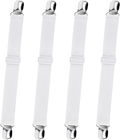 Sopito Sheet Straps, Adjustable Elastic Bed Sheet Holder, 4pcs White | Keep Sheet Firm & Tight, Non-Slip Strong Gripping Sheet Clips, Max Stretch 26.8'' for Crib to King Size Bed, Easy to Install