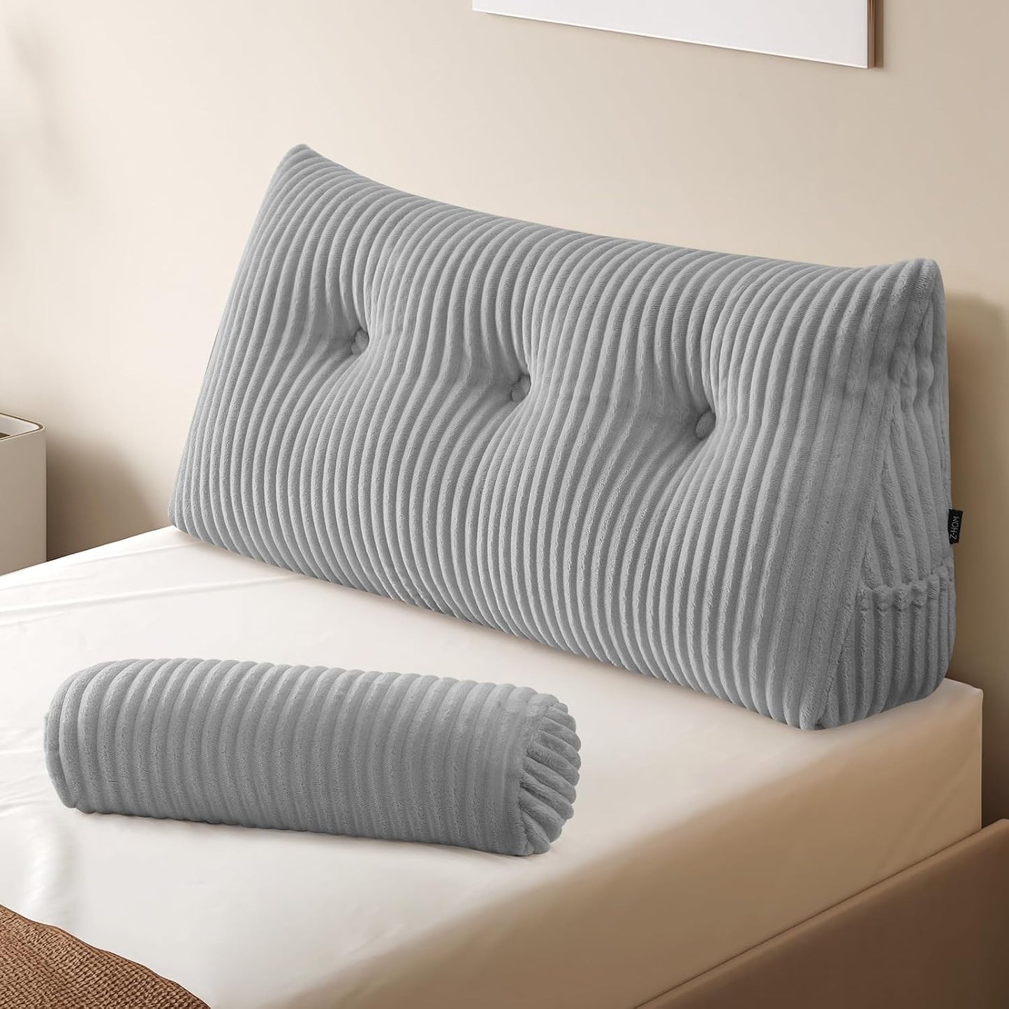 Z-hom Headboard Pillow, Wedge Backrest Cushion, Queen Size,NO Roll Pillow | Grey Triangular Backrest Cushion Equipped,NO Roll Pillow,Ideal for Reading,Sitting Up in Bed&Filling Headboard Gaps