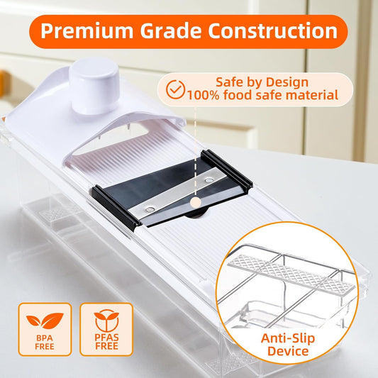 Mandoline Vegetable Slicer with Container, 4 Blades and Juicer | 4 Interchangeable Blades,Large Clear Catch Container,Safety Food Holder,Citrus Juicer Attachment,BPA and PFAS Free Material