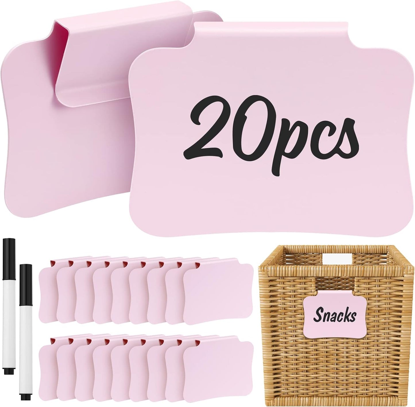 12PCS Basket Labels Clip On for Storage Bins, Removable & Erasable Bin Labels Clips On, Laundry Kitchen Pantry Labels for Organizing Baskets Cube Box (Pink)