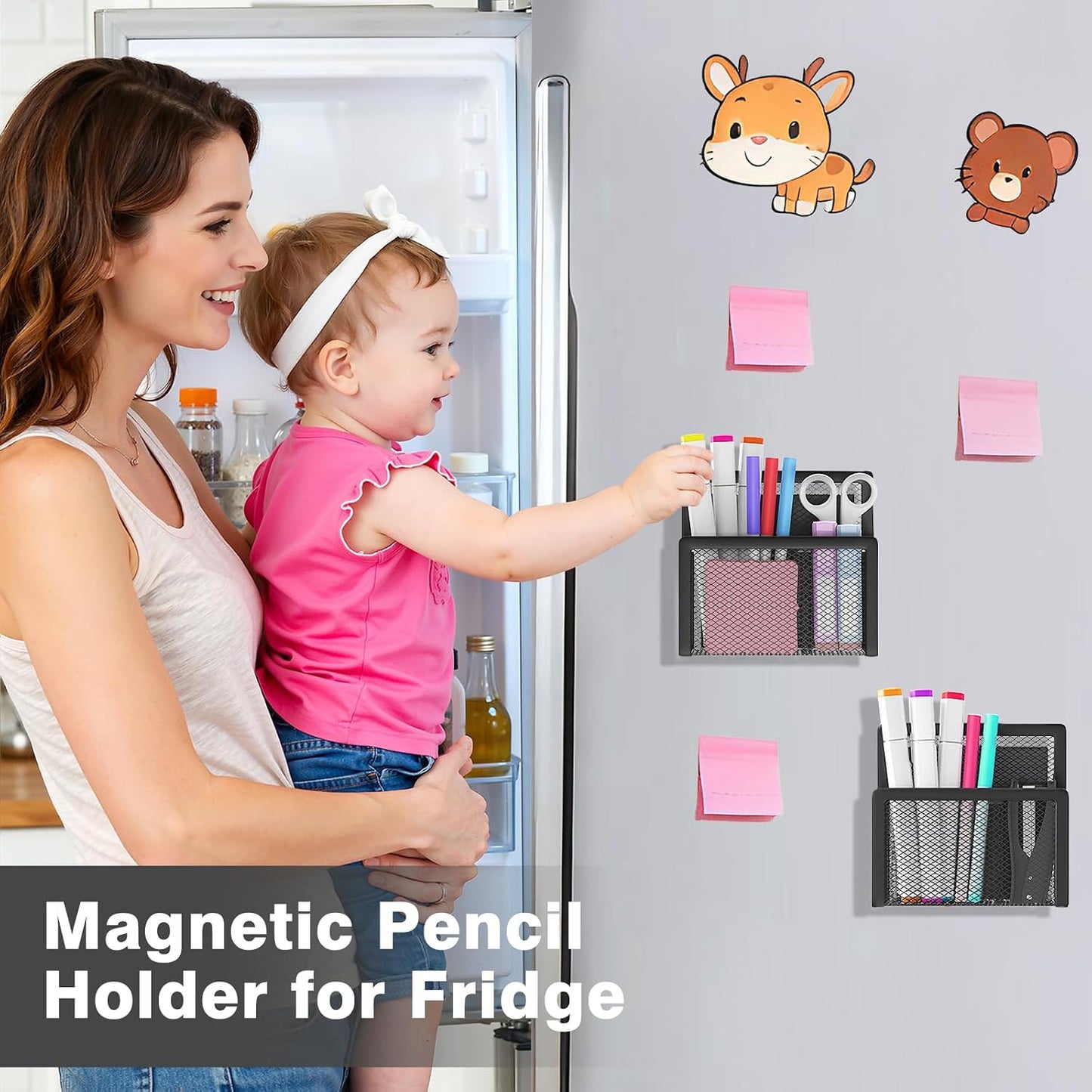 MoKo Magnetic Pen Holder, 2-Pack Mesh Organizer, Black | Magnetic marker holder has two compartments and an iron mesh body for refrigerators, whiteboards and cabinets.