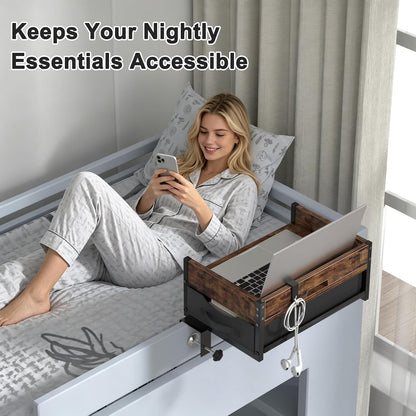 2 Tier Bedside Shelf, Clip on Bedside Caddy Organizer for Dorm Bunk Beds | Floating Nightstand Bed Side Table Storage with Fabric Drawer, Bunk Bed Accessories Bedside Tray for College, Back to School