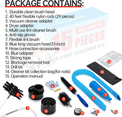 Bluesea 7 Pieces 20 Feet Dryer Vent Cleaner Kit, Reinforced Nylon Dryer Vent Cleaning Kit, Durable Dryer Vent Brush Vacuum Attachment with Flexible Lint Trap Brush, Vacuum & Dryer Adapters
