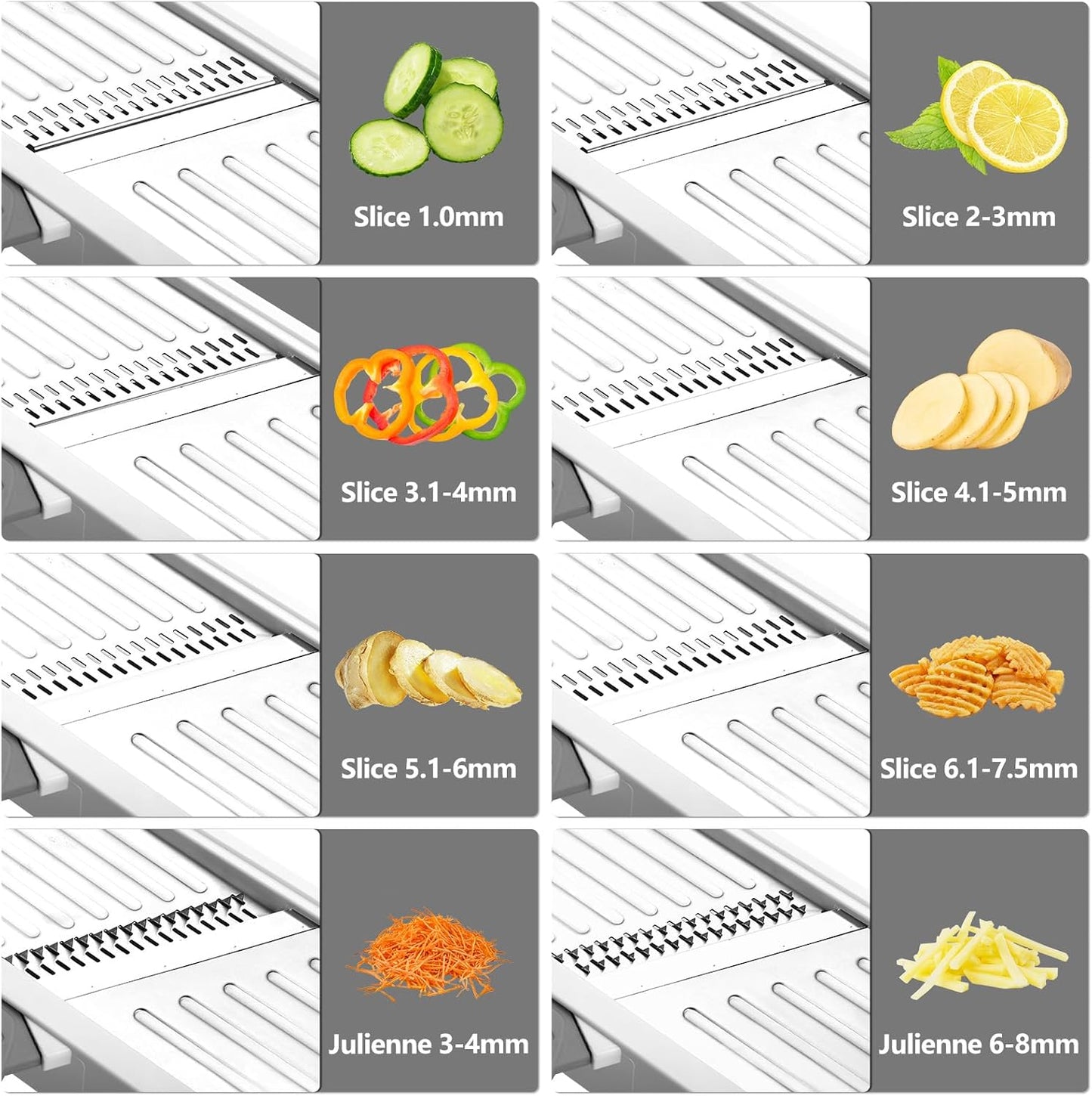 Mandoline Slicer for Kitchen, Adjustable Vegetable Potato Slicer | Stainless Steel Safe Mandolin Veggie Fruit Cutter with Food Holder, for Onion Cucumber Tomato Carrot, Grey