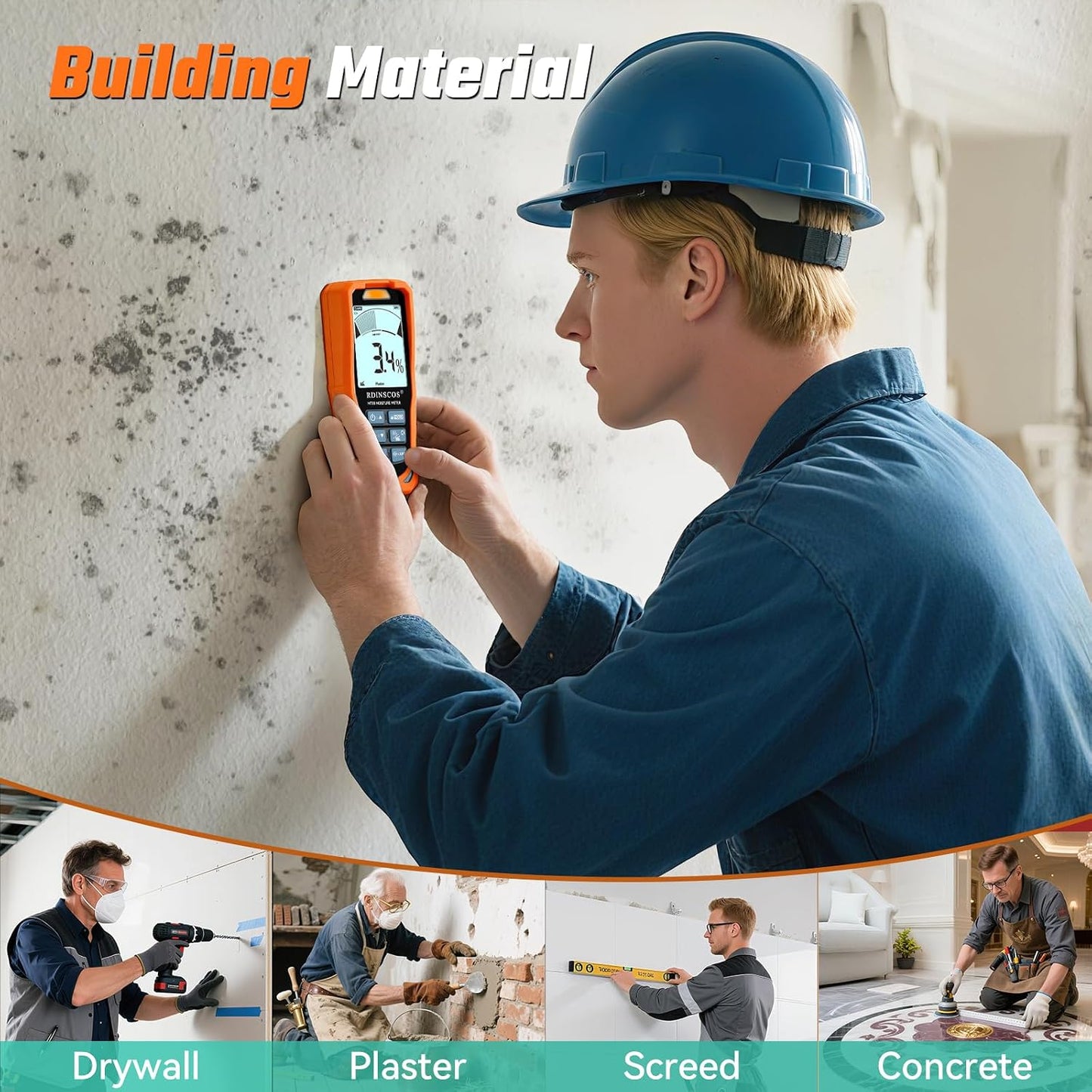 RDINSCOS Pinless Moisture Meter for Wood & Wall | Digital Moisture Detector, Flooding Detection, High Humidity Detection, For Walls, Floor, Masonry
