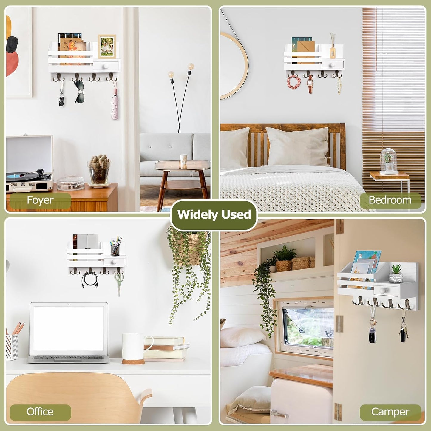 Key Holder Wall Mount, Wooden Key and Mail Organizer, Black | 2 Mount Options, Includes 8 Hooks, Fence Mail Slot, Small Drawer and Shelf, for Entryway, Hallway, Doorway, Living Room, RV