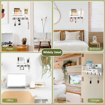 Key Holder Wall Mount, Wooden Key and Mail Organizer, Black | 2 Mount Options, Includes 8 Hooks, Fence Mail Slot, Small Drawer and Shelf, for Entryway, Hallway, Doorway, Living Room, RV
