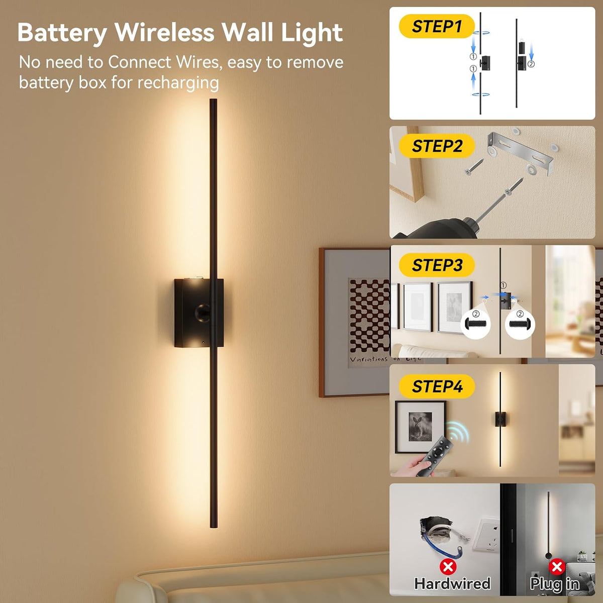 Battery Operated Wall Sconces Set of 2, Remote Control, 10000mAh, Black