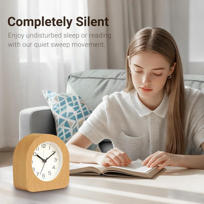 Vintage Solid Wood Analog Alarm Clock, Battery-Operated Alarm Clocks with Non-Disruptive Night Light, Non-Ticking Alarm Clock with Snooze Button and Soft Alarm Tone. (Dark Brown)