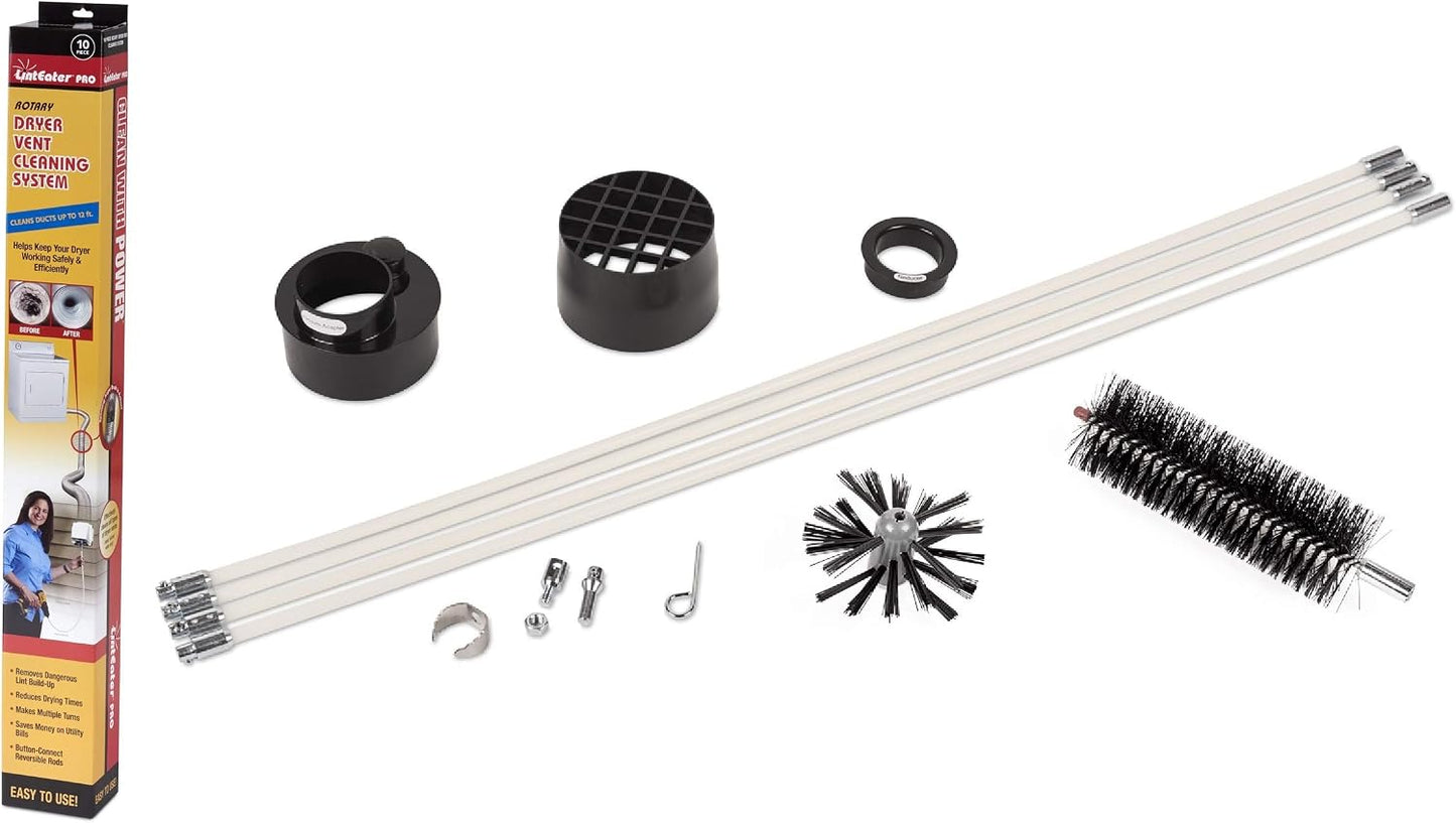 Dryer Vent Duct Cleaning Kit - Gardus RLE202 LintEater Rotary Dryer Vent Cleaner Kit, Removes Lint, Dryer Vent Cleaning System Extends Up to 12’ with 4 Flexible 3' Rods, Air Duct Cleaning Tools